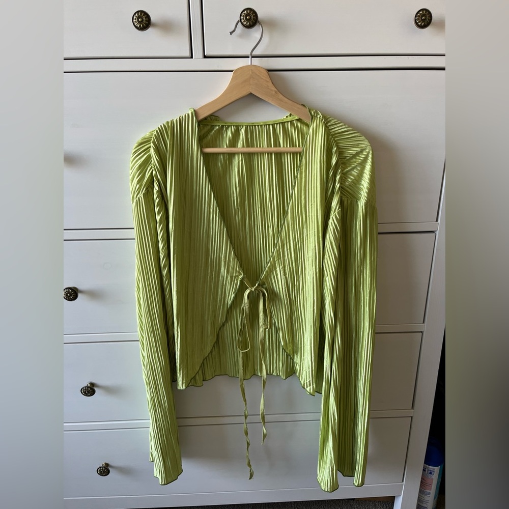 Lime green ruffle tie front long sleeve top